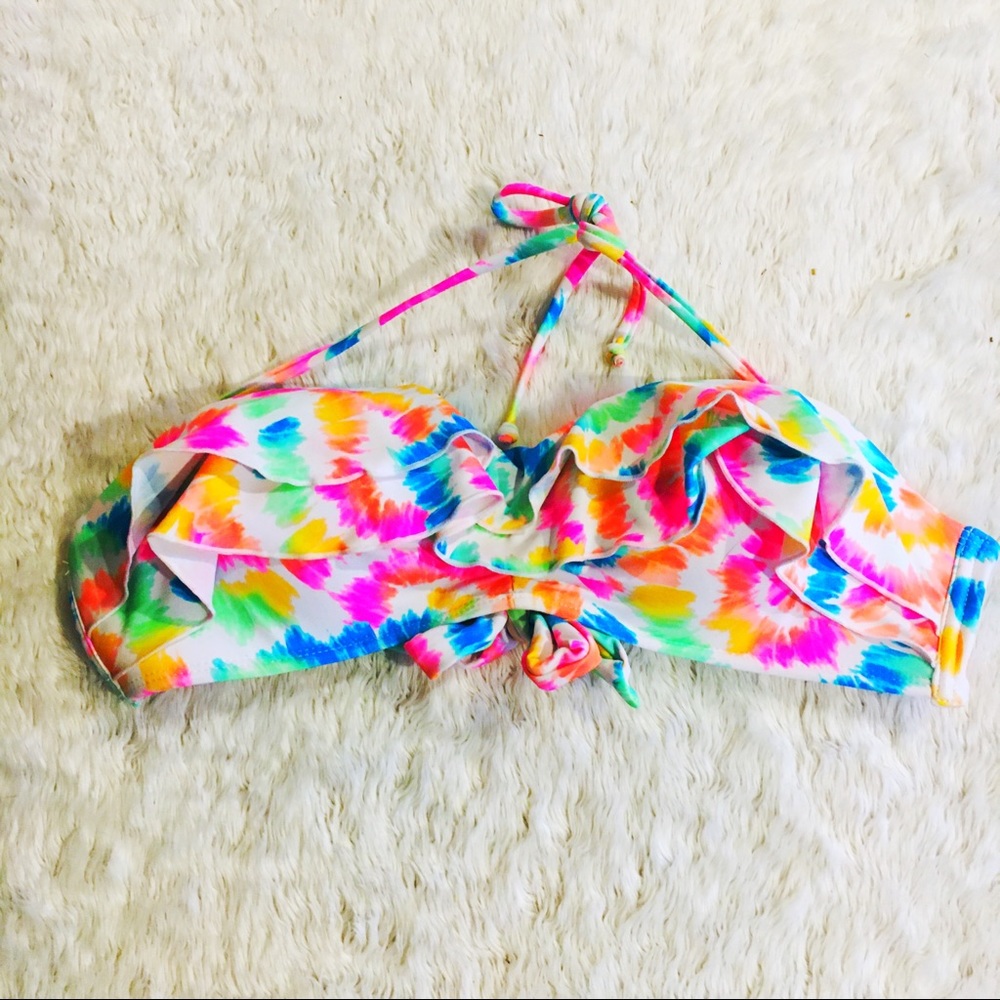 Rainbow neon tie dye ruffle top w/ strap
